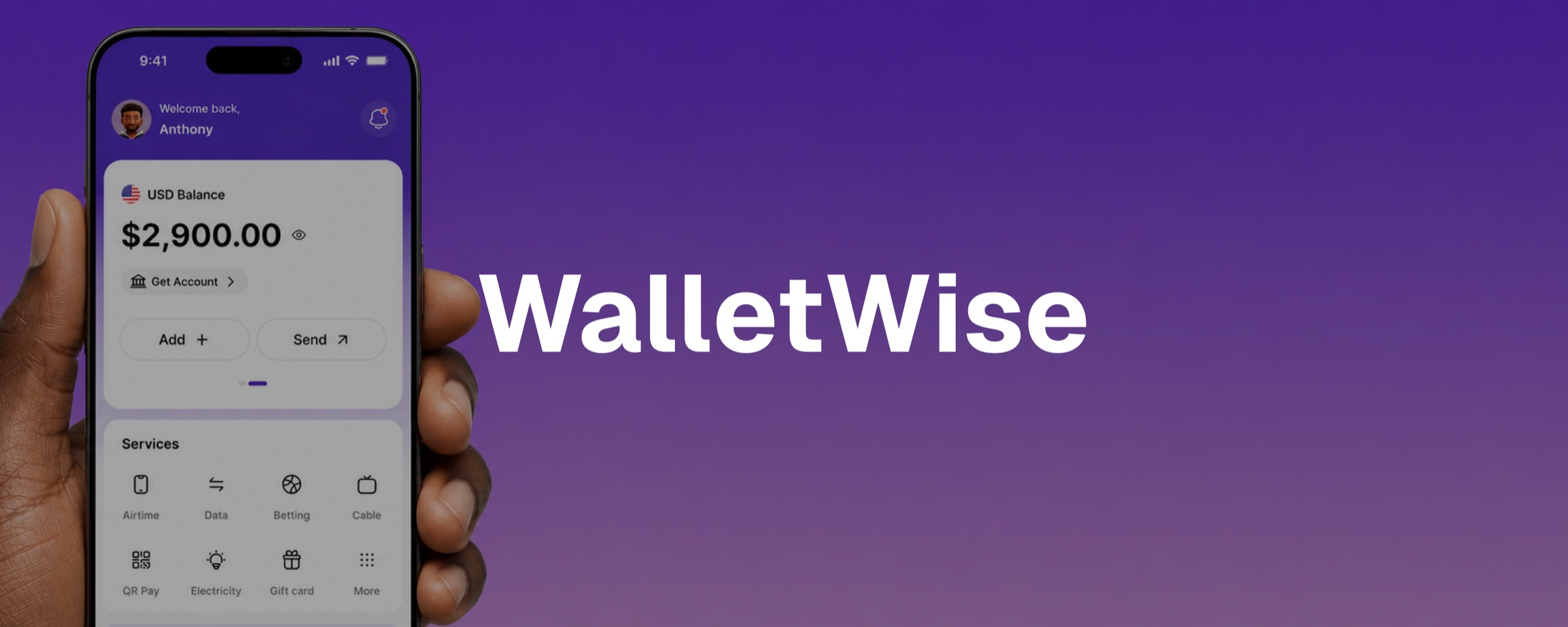 WalletWise app screens showing the splash screen and wallet home dashboard