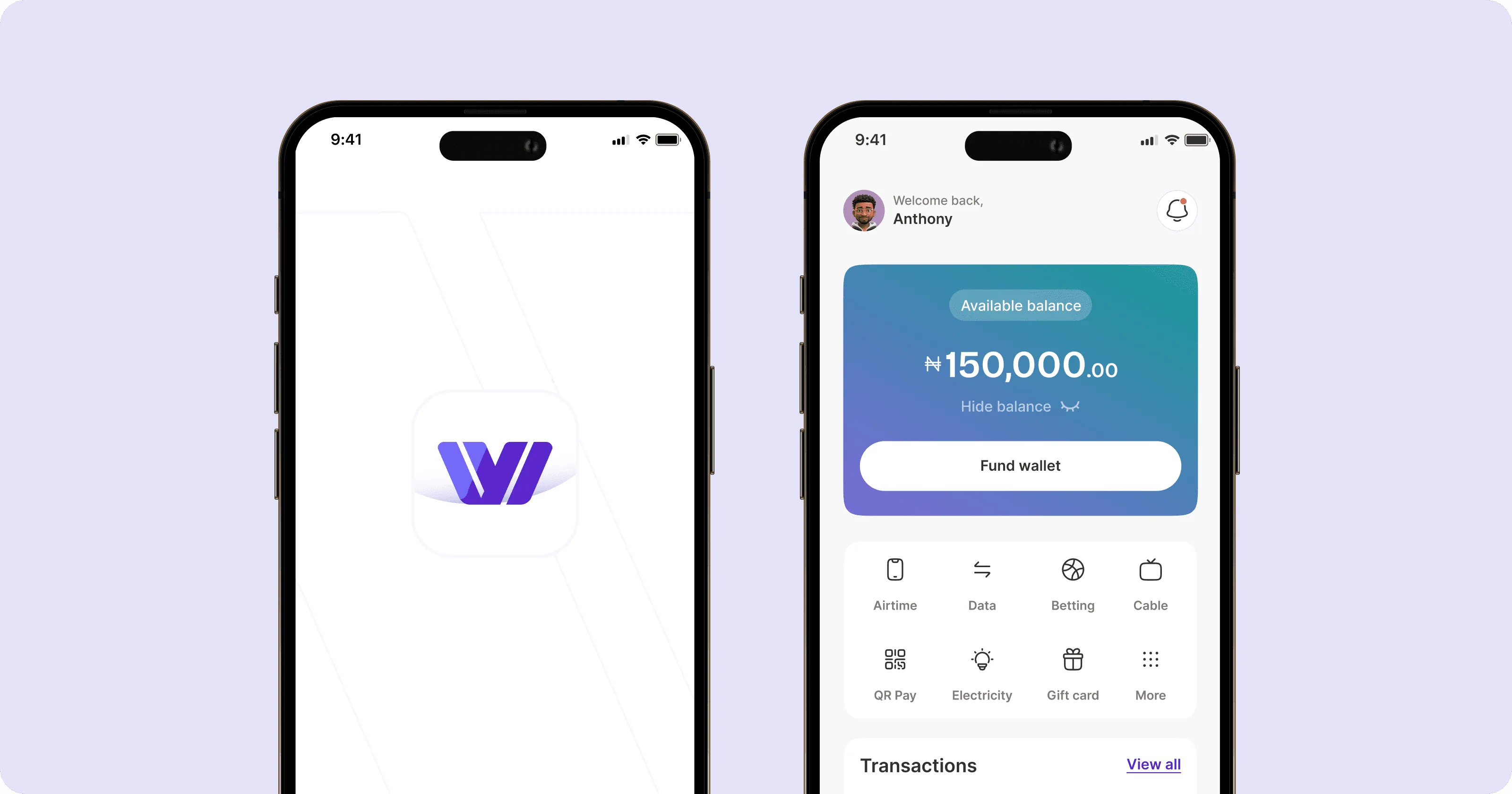 WalletWise app screens showing the splash screen and wallet home dashboard
