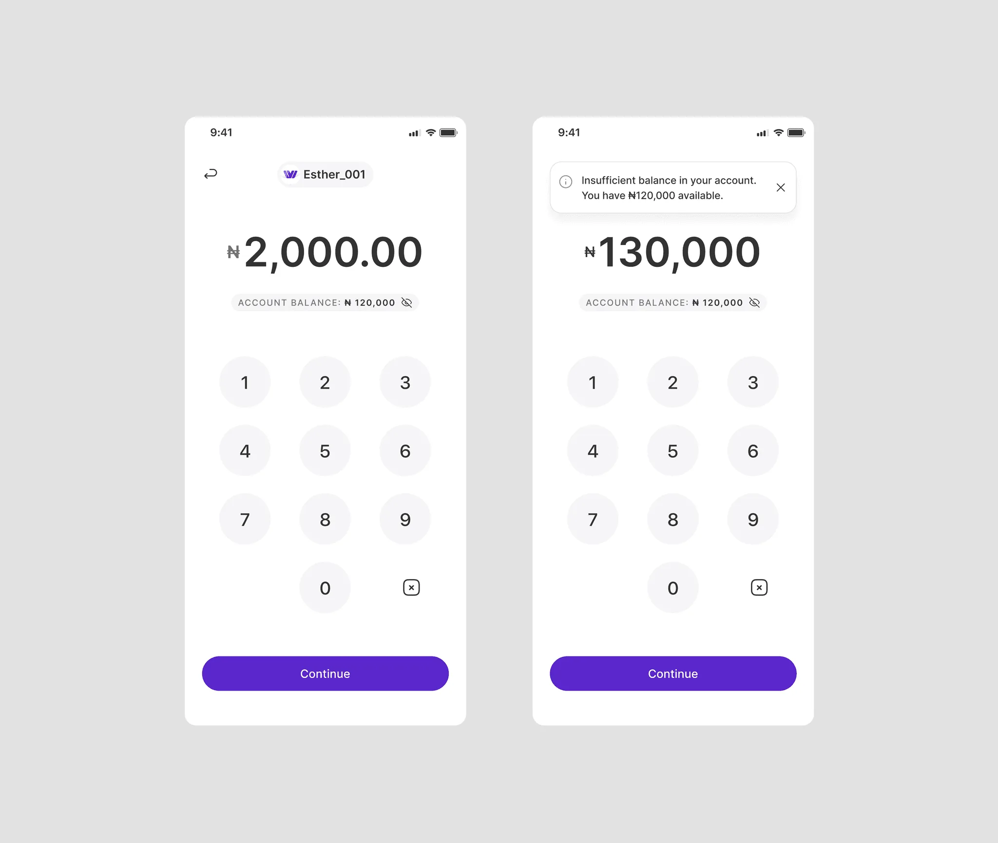WalletWise amount entry screens with visible balance and insufficient balance feedback