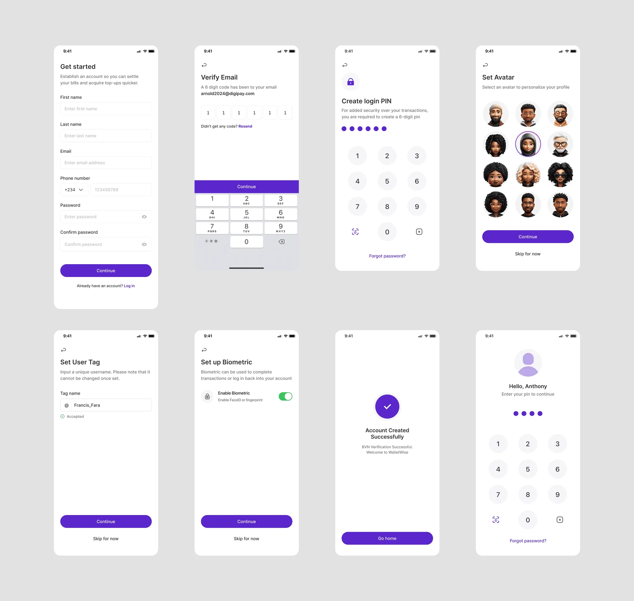 WalletWise onboarding flow screens