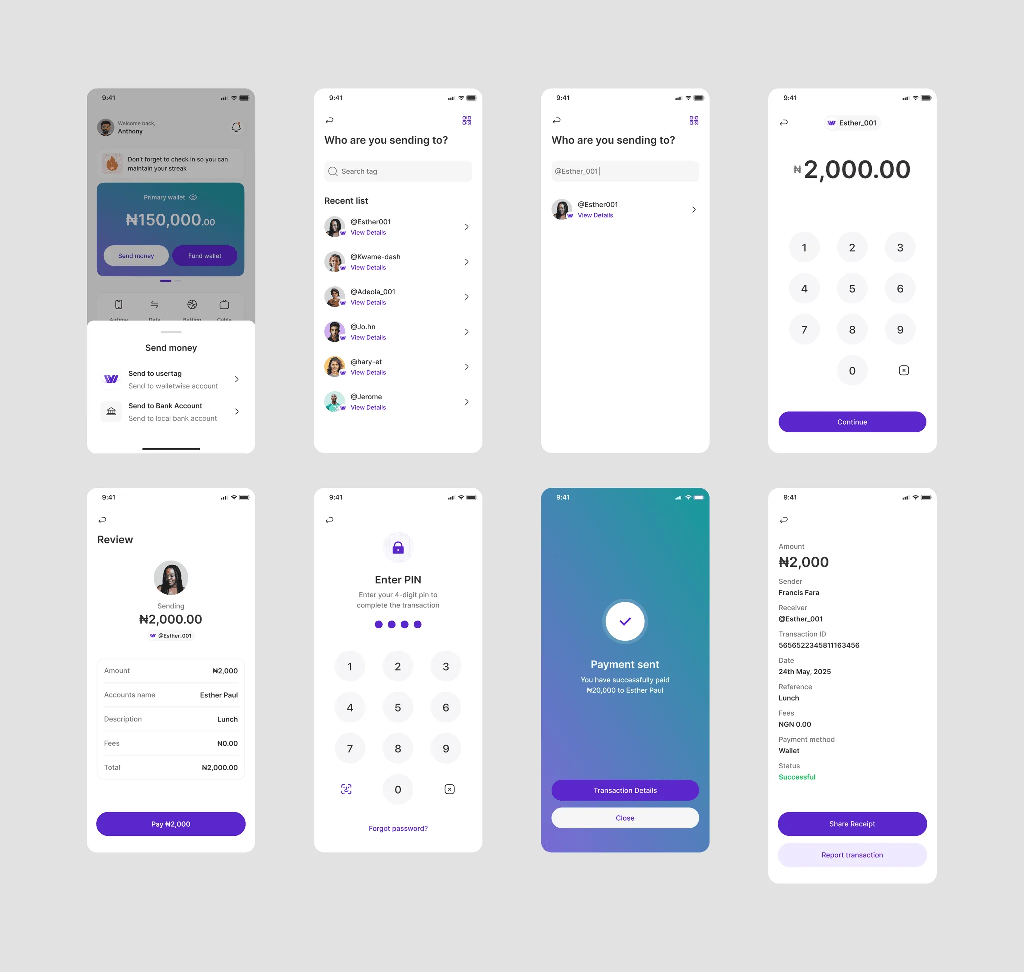 WalletWise transfer flow screens