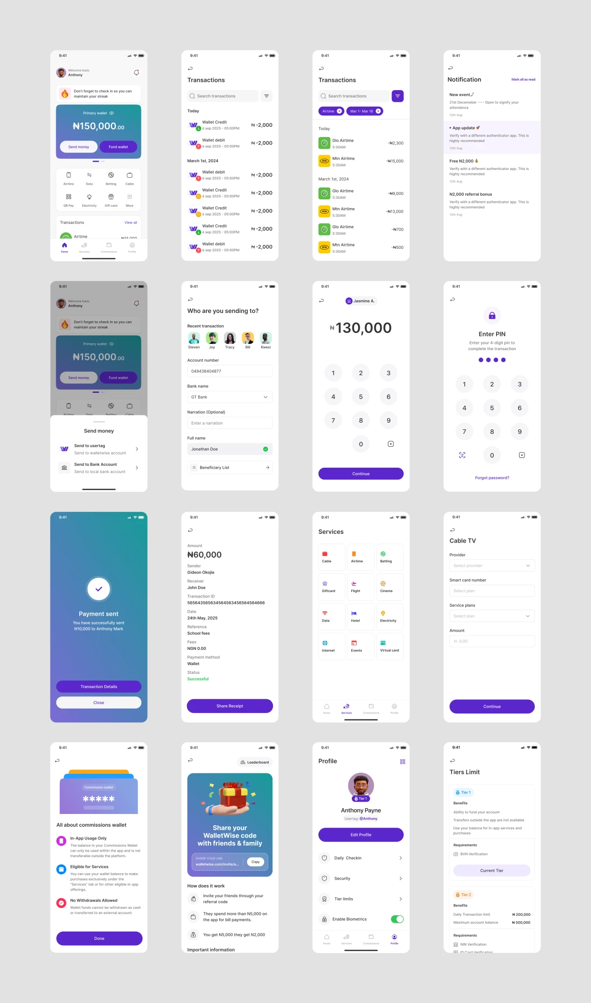 WalletWise redesigned mobile screens showing the restrained visual system